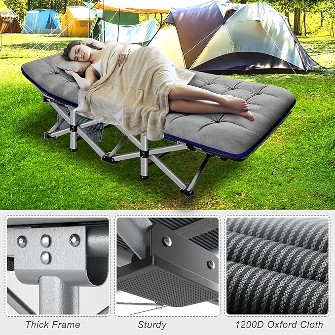 ABORON Camping Cot for Adult 28" Extra Wide, 2PK Heavy-Duty 1200D Oxford Cot for Sleeping, Portable Folding Camp Bed with Mat & Carry Bag