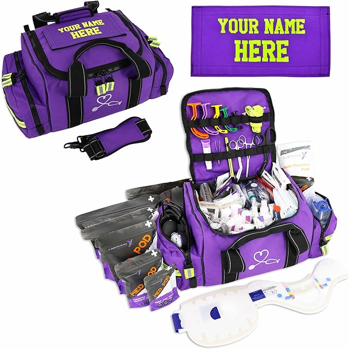 Lightning X Custom Embroidered Trauma Kit & Large EMT Bag w/ 250+ First Aid Supplies & Customized Name Patch | Purple