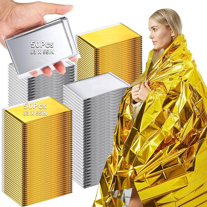 100 Pcs Emergency Blankets for Survival 83 x 55 Emergency Foil Thermal Reflective Space Blanket Bulk Waterproof Individually Wrap Survival for Car Camping Outdoor Homeless (Gold Silver)