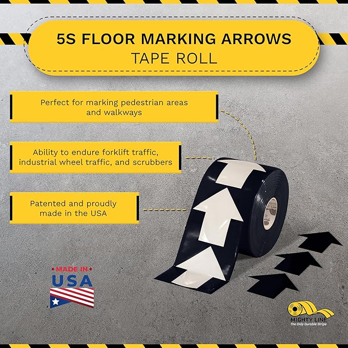 Mighty Line 5.5" Wide Solid Arrows Roll, Directional Sticker Sign Floor Marking Tape for Safety, Caution, Warning, Heavy-Duty, Peel and Stick, Adhesive, Industrial Quality, Black, Pack of 200