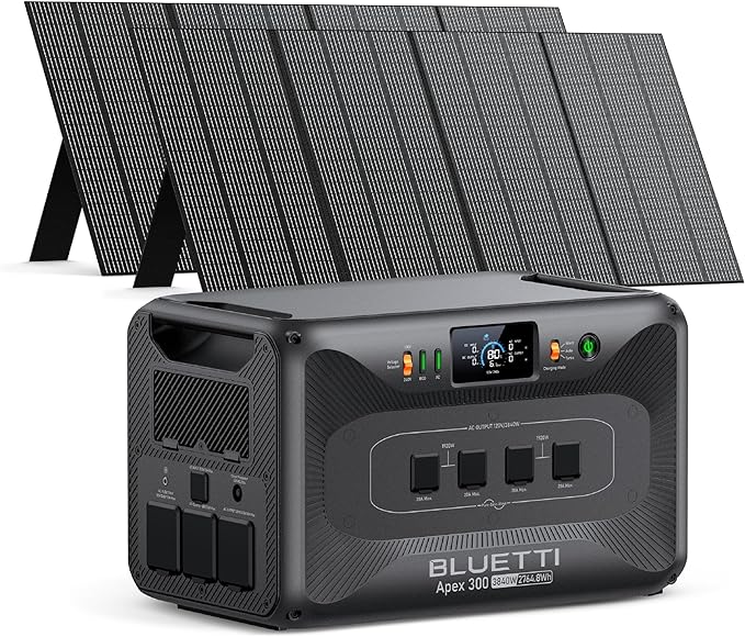 BLUETTI Apex 300 Solar Generator (2025 New) with 2 350W Solar Panels, 2764.8Wh LFP Battery Backup with 6 3840W AC Outlets (7680W Surge), 120V/240V Dual Voltage, Ideal for Camping and Off-Grid Living