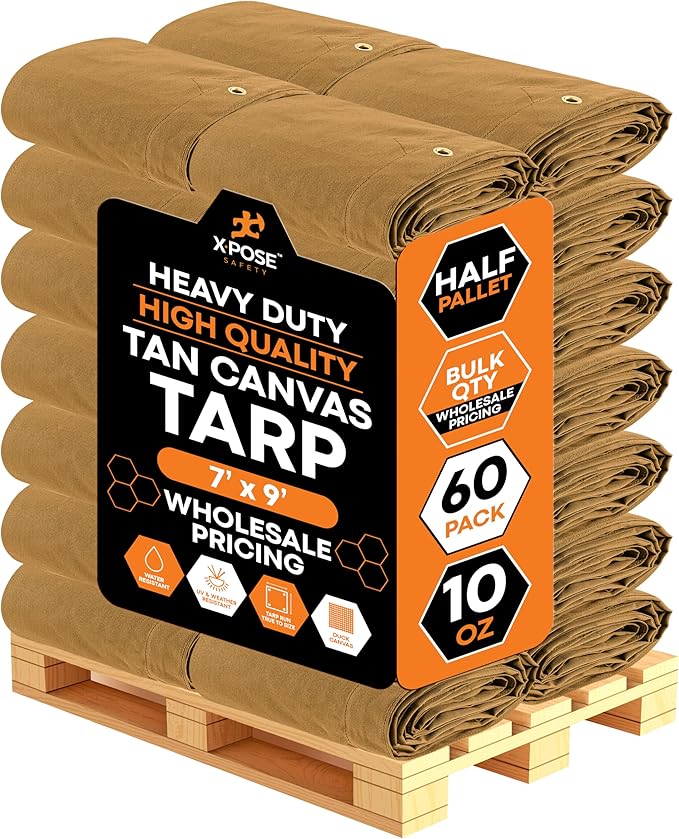 Xpose Safety 10oz Tan Canvas Tarps 7' x 9' – Bulk Half Pallet (60 Packs) – Multipurpose Heavy Duty Water-Resistant Tarpaulin with Brass Grommets for Camping, Canopy & Equipment Protection