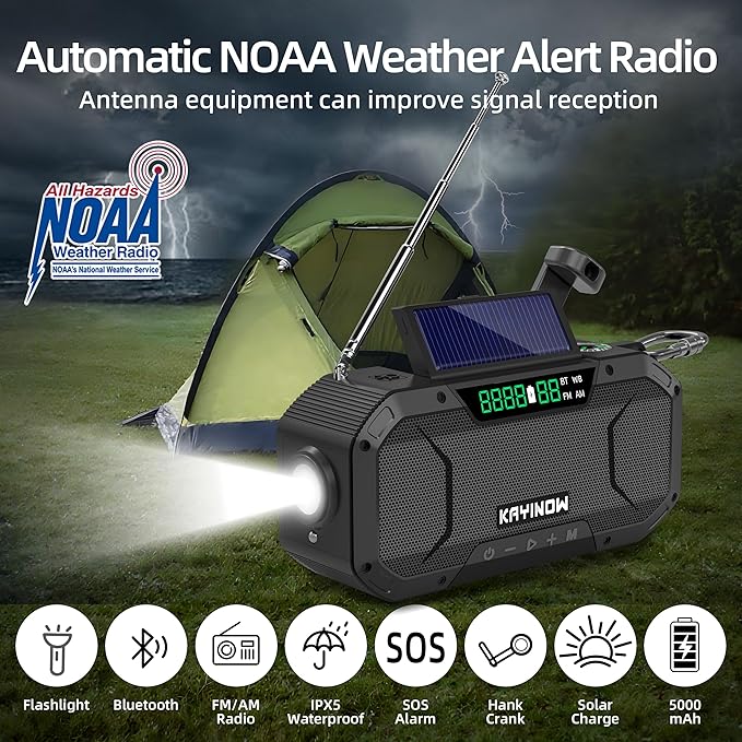 Solar Hand Crank Emergency Radio with Waterproof Bluetooth Speaker,Portable AM FM NOAA Weather Radio, Rechargeable 5000mAh Battery Power, Wind Up Flashlight Phone Charger, SOS,Survival Storm Hurricane
