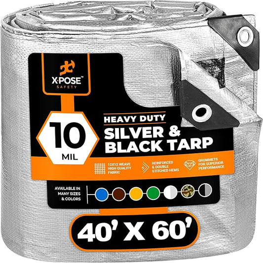 Heavy Duty Poly Tarp - 40' x 60' - 10 Mil Thick Waterproof, UV Blocking Protective Cover - Reversible Silver and Black - Laminated Coating - Grommets - by Xpose Safety