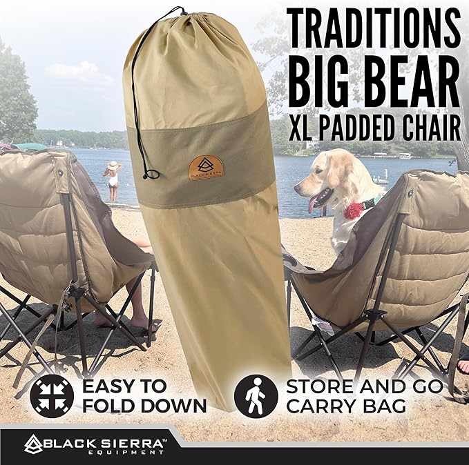 Black Sierra Deluxe Padded Camping Chair for Sports & Outdoors, Oversize XL Outdoor Folding Chair Supports 400 lbs, Heavy Duty Seat w/Dual Cup Holders/Carry Bag Perfect for RV, Tailgating, Glamping