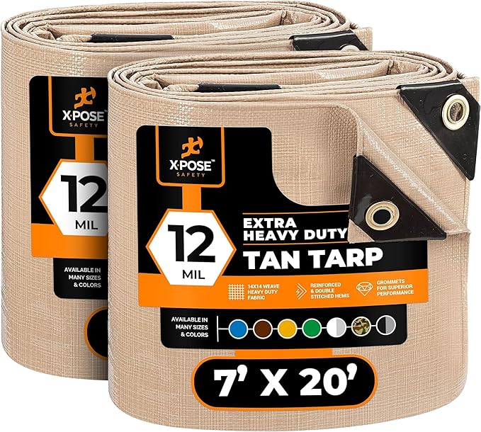 Heavy Duty Tan Poly Tarp 7' X 20' (2-Pack) - Multipurpose Protective Cover - Durable, Waterproof, Weather Proof, Rip and Tear Resistant - Extra Thick 12 Mil Polyethylene - by Xpose Safety