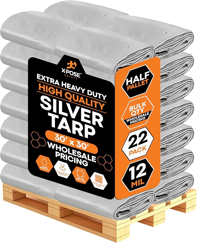 Heavy Duty Silver Poly Tarp 30' X 30' - Bulk Half Pallet (22 Pack) - Multipurpose Protective Cover - Durable, Weather Proof & Tear Resistant - 12 Mil Thick Polyethylene - by Xpose Safety