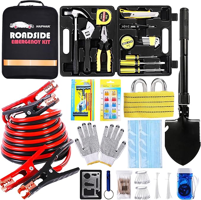 Emergency Roadside Kit for Car,Emergency Kits for Vehicles,Safety Kits for Cars, Car Jumper Cables Kit(11.8 Foot Upgrade) 124 Pcs,Tow Strap, Folding Survival Shovel,Car Tool Kit