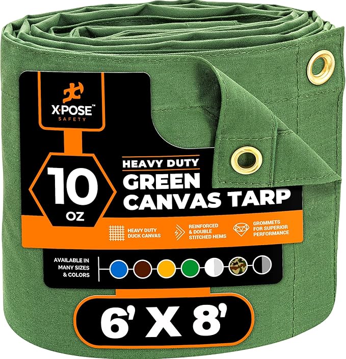 Xpose Safety Canvas Tarp - 10oz Green Canvas Tarps Heavy Duty Water Resistant with Brass Grommets- Multipurpose Outdoor Tarpaulin for Camping, Canopy, Trailer, Equipment Cover 6' x 8'