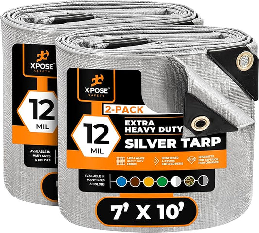 Heavy Duty Silver Poly Tarp 7' X 10' (2-Pack) - Multipurpose Protective Cover - Durable, Waterproof, Weather Proof, Rip and Tear Resistant - Extra Thick 12 Mil Polyethylene - by Xpose Safety