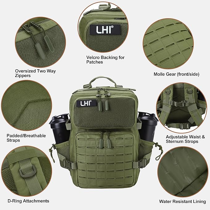 LHI Tactical Military Backpack for Men 25L/45L Large Molle Army Assault Pack 3 Day Hiking Rucksack With Bottle Holder