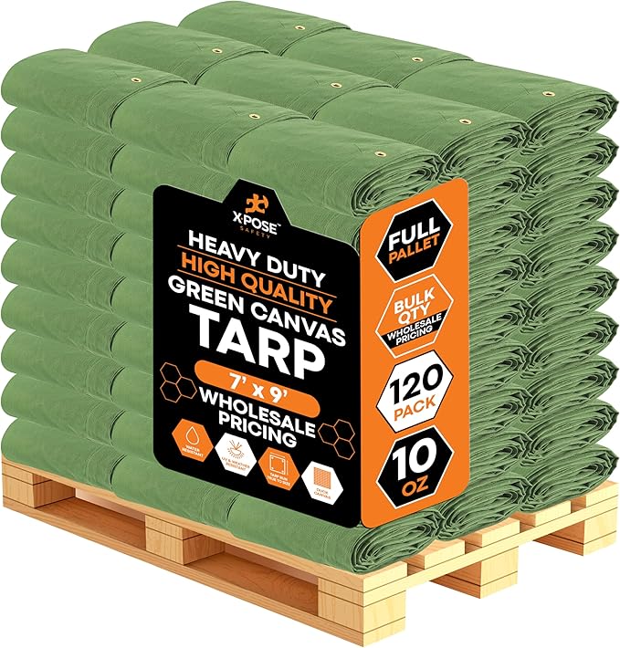 Xpose Safety 10oz Green Canvas Tarps 7' x 9' – Bulk Full Pallet (120 Packs) – Multipurpose Heavy Duty Water-Resistant Tarpaulin with Brass Grommets for Camping, Canopy & Equipment Protection