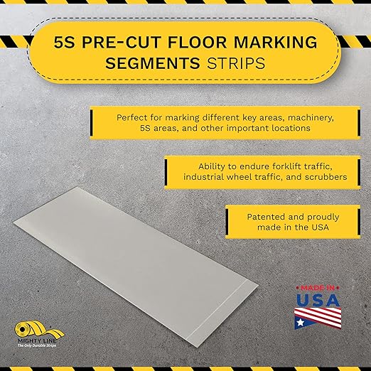 Mighty Line Floor Marking Tape Strips for Safety, Caution, Warning, Heavy-Duty, Peel and Stick, Adhesive, Industrial Quality, Grey, 4" by 10"
