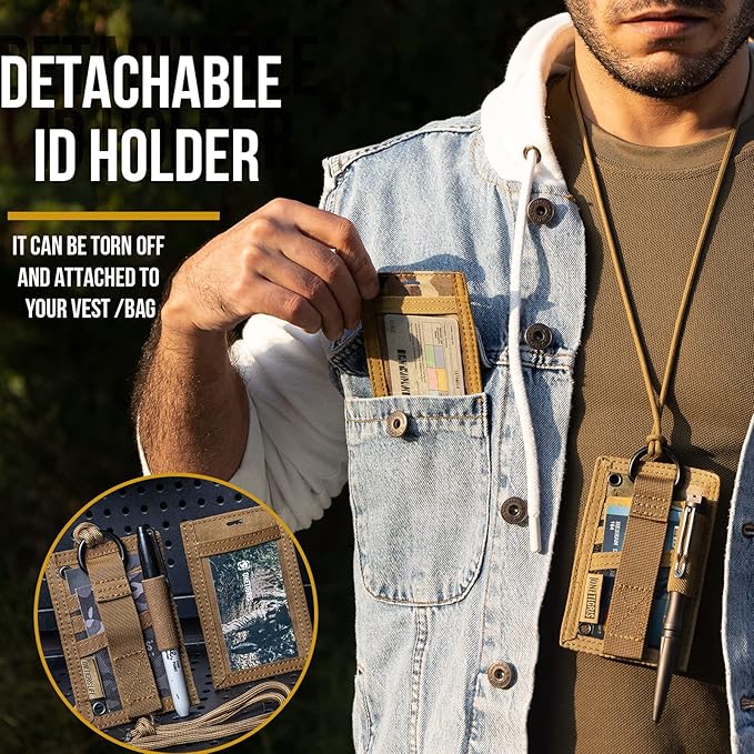 OneTigris Tactical ID Card Holder Hook & Loop Patch Badge Holder Neck Lanyard Key Ring and Credit Card Organizer (Coyote Brown)