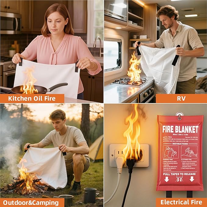 Fire Blanket 6 Pack - 40" x 40" Prepared Emergency Fire Blanket for Home and Kitchen, RV, Grill, Fireplace, Safe & Easy for Young Adults and Elderly Living Alone