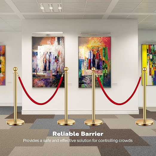 VIVOHOME Stainless Steel Stanchion Post Queue 4PCS Pole w/ 2 Red Velvet Ropes, Crowd Control Barriers w/Fillable Base for High-end Venues, Museums, Party Supplies (4 Pieces, Golden)