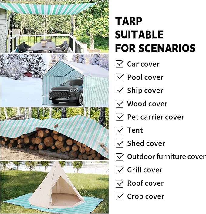 TARPAL Heavy Duty Poly Tarp 12x12 Feet 12mil Striped tarp Multipurpose Protective Cover Durable, Waterproof, Weather Proof, UV,Rip and Tear Proof（Green/White）