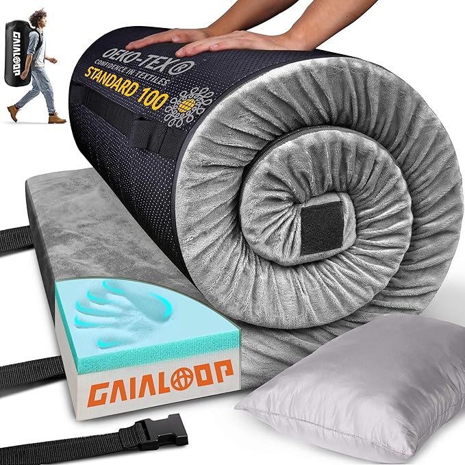 3 Inch Memory Foam Camping Mattress, Dual Layer Thick Sleeping Camp Pad for Car Tent Cot, Roll-Up Portable Glamping Floor Bed for Guests Sleepover