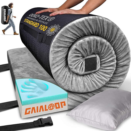 3 Inch Memory Foam Camping Mattress, Dual Layer Thick Sleeping Camp Pad for Car Tent Cot, Roll-Up Portable Glamping Floor Bed for Guests Sleepover