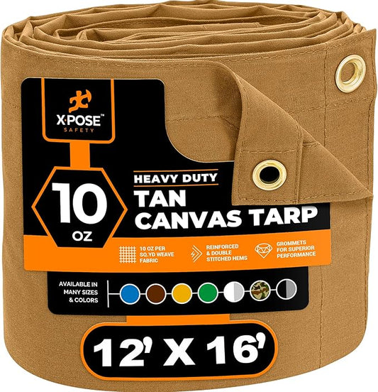 Xpose Safety Canvas Tarp - 10oz Tan Canvas Tarps Heavy Duty Water Resistant with Brass Grommets- Multipurpose Outdoor Tarpaulin for Camping, Canopy, Trailer, Equipment Cover 12' x 16'