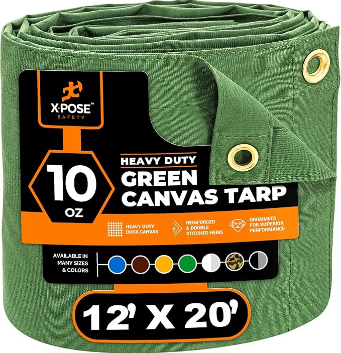 Xpose Safety Canvas Tarp - 10oz Green Canvas Tarps Heavy Duty Water Resistant with Brass Grommets- Multipurpose Outdoor Tarpaulin for Camping, Canopy, Trailer, Equipment Cover 12' x 20'