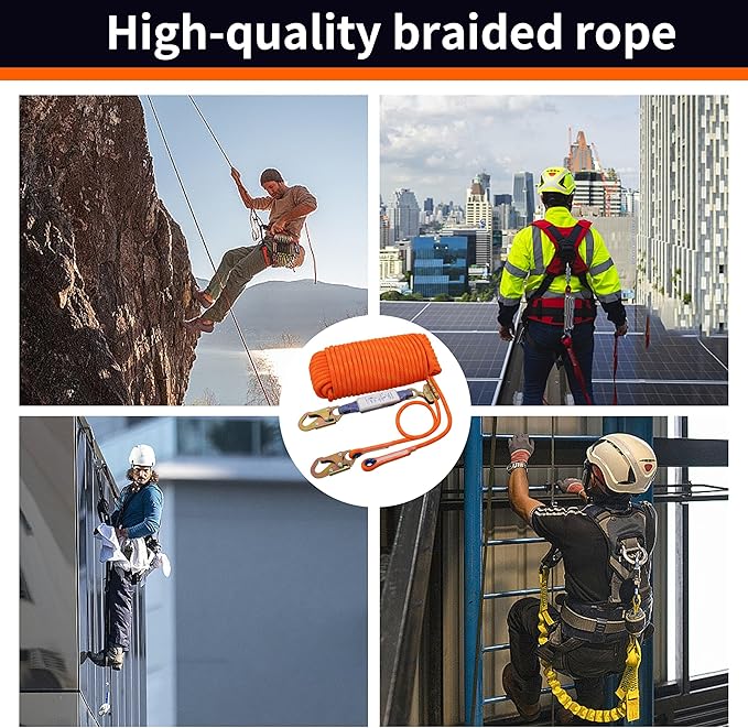 Fall Protection Safety Rope 50ft Heavy Duty Vertical Roofing Grab Snap Hook Shock Absorber Fall Protection Line Kit Restraint System Roofing Safety Equipment (50FT)