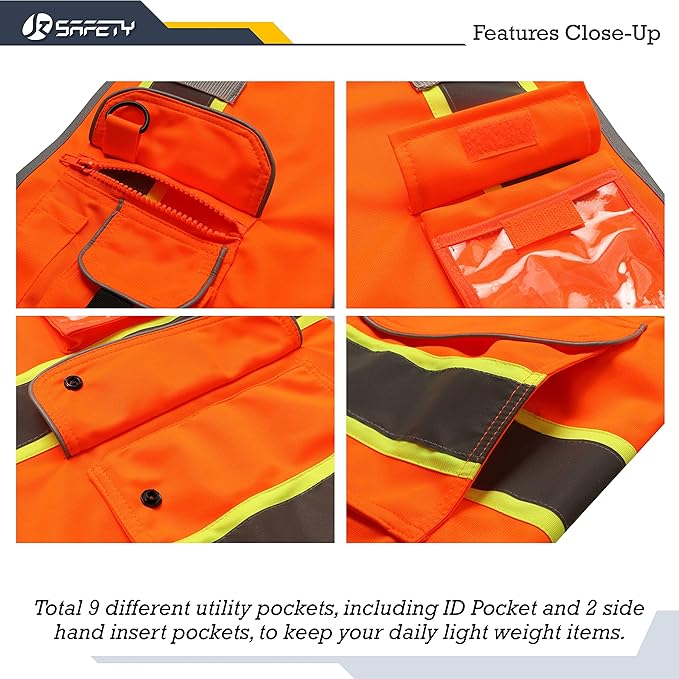 JKSafety 9 Pockets High Visibility Zipper Front Safety Vest | Orange with Dual Tone High Reflective Strips | Meets ANSI/ISEA Standards (901-Orange, 3X-Large)