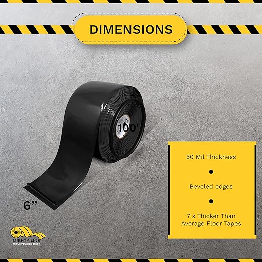 Mighty Line Solid Floor Marking Tape for Safety, Caution, Warning, Heavy-Duty, Peel and Stick Adhesive, Beveled Edge Design, Industrial Quality, 6 inch, 100' Roll, Black