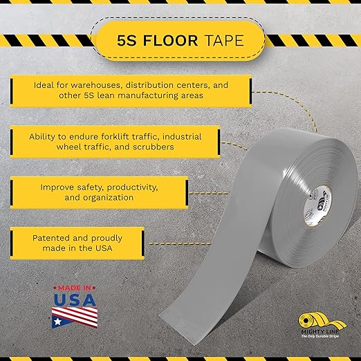 Mighty Line Solid Floor Marking Tape for Safety, Caution, Warning, Heavy-Duty, Peel and Stick Adhesive, Beveled Edge Design, Industrial Quality, 4 inch, 100' Roll, Gray