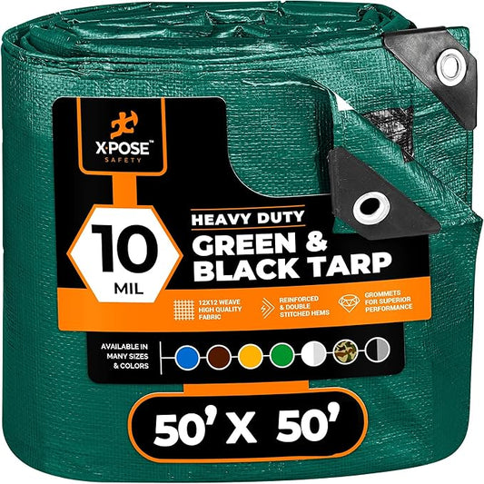 Heavy Duty Poly Tarp - 50' X 50' - 10 Mil Thick Waterproof, UV Blocking Protective Cover - Reversible Green and Black - Laminated Coating - Grommets - by Xpose Safety
