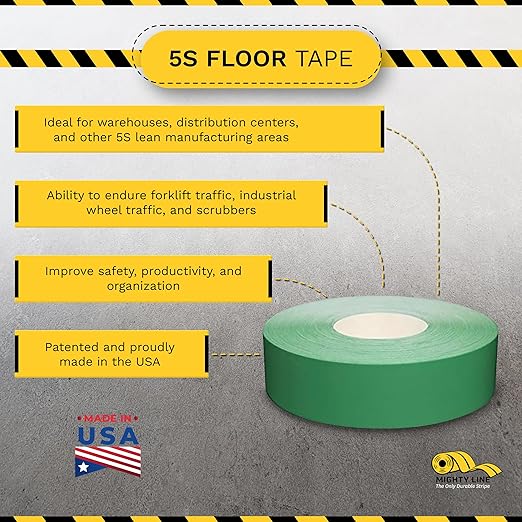 Mighty Line UltraLine Solid Floor Marking Tape for Safety, Caution, Warning, Heavy-Duty, Peel and Stick Adhesive, Beveled Edge Design, Industrial Quality, 2 Inch, 100' Roll, Green