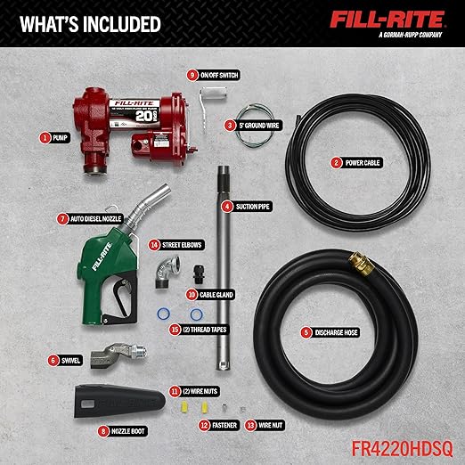 Fill-Rite FR4220HDSQ 12V 20 GPM Fuel Transfer Pump with Discharge Hose, Automatic Nozzle – Green, & Swivel | Gasoline, Diesel, Kerosene, Ethanol Blends, Methanol Blends & Biodiesel