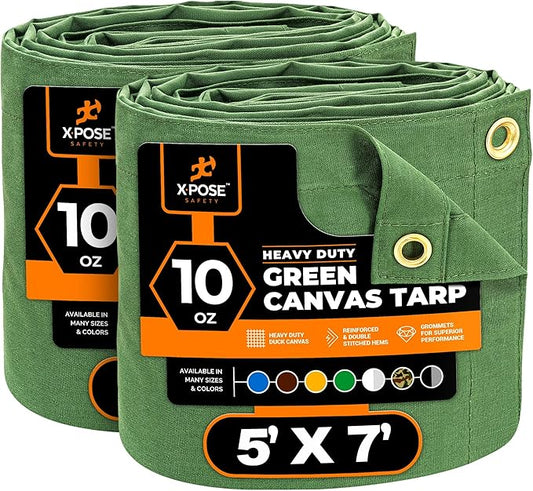 Xpose Safety Canvas Tarp - 10oz Green Canvas Tarps Heavy Duty Water Resistant with Brass Grommets- Multipurpose Outdoor Tarpaulin for Camping, Canopy, Trailer, Equipment Cover 5' x 7' (2 Pack)