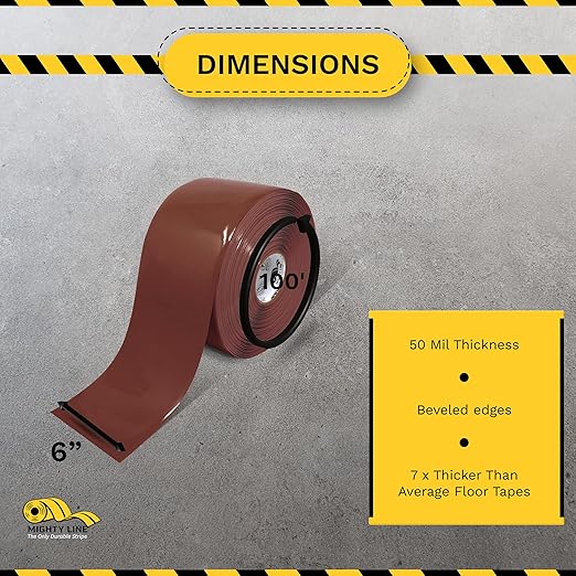 Mighty Line Solid Floor Marking Tape for Safety, Caution, Warning, Heavy-Duty, Peel and Stick Adhesive, Beveled Edge Design, Industrial Quality, 6 inch, 100' Roll, Brown