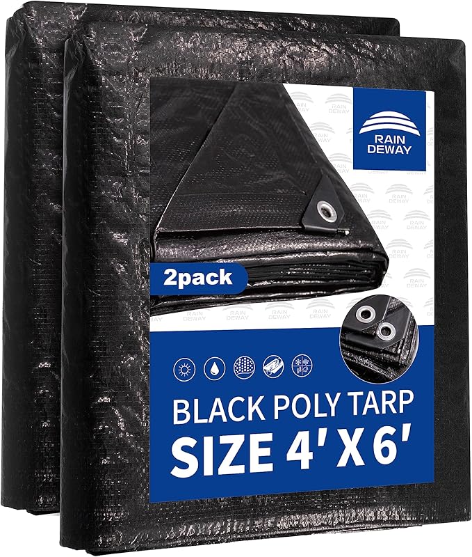 Small Black Tarps 4x6 Feet (2 Pack), UV Resistant, 8 Mil Multipurpose Medium Duty Waterproof Poly Tarp Cover with Metal Grommets and Reinforced Edges by RAINDEWAY