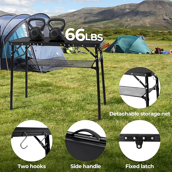 Folding Camping Table with Storage Net,3ft Portable Aluminum Folding Table with 3 Adjustable Height Max 27.3 Inch for Outdoor Backyard BBQ Picnic Cooking Tents Beach Indoor Bedroom（Black）