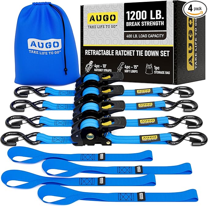 AUGO Retractable Ratchet Straps | 4 Heavy Duty Ratchet Straps Self Retractable Tie Downs with Soft Loops & Storage Bag for Motorcycle, Truck, Trailer, Cargo Van | 1200 Lb Break Strength 1” x 10’