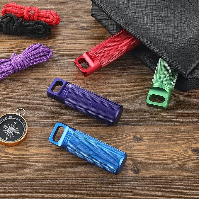Patelai 4 Pcs Portable Keychain Pill Holder Pill Organizer Travel Waterproof Match Container Aluminum Airtight Keychain Container Travel Size Storage Supplements Holder for Outdoor Camping(Vibrant)