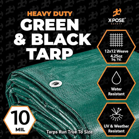 Heavy Duty Poly Tarp - 5' x 7' (2-Pack) - 10 Mil Thick Waterproof, UV Blocking Protective Cover - Reversible Green and Black - Laminated Coating - Grommets - by Xpose Safety