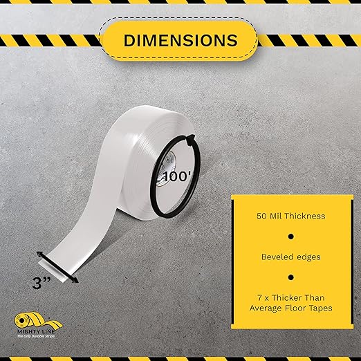 Mighty Line Solid Floor Marking Tape for Safety, Caution, Warning, Heavy-Duty, Peel and Stick Adhesive, Beveled Edge Design, Industrial Quality, 3 inch, 100' Roll, White