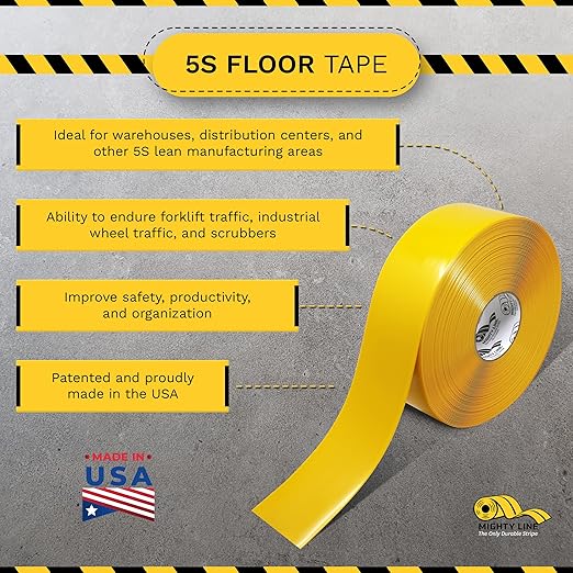 Mighty Line Solid Floor Marking Tape for Safety, Caution, Warning, Heavy-Duty, Peel and Stick Adhesive, Beveled Edge Design, Industrial Quality, 3 inch, 100' Roll, Yellow