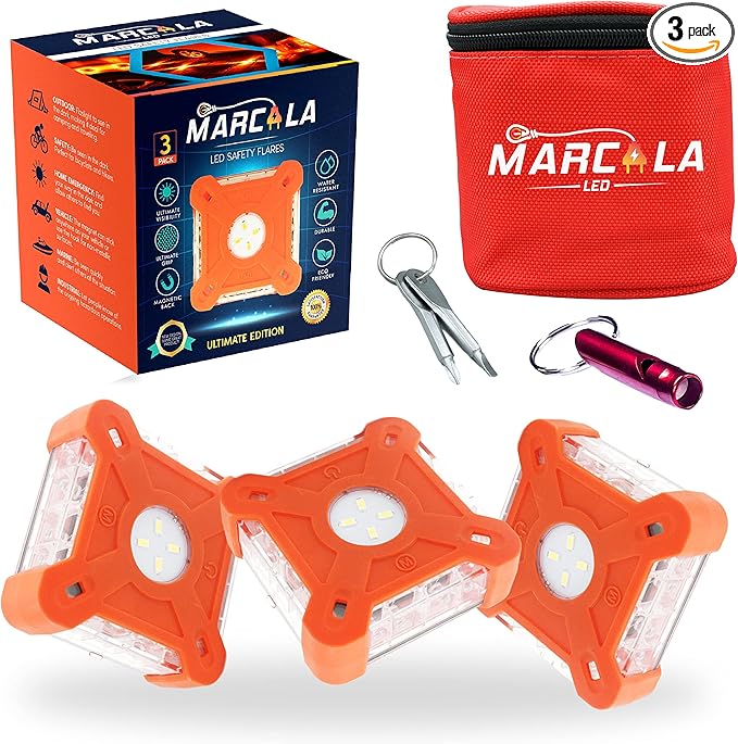 Marcala Emergency Lights for Vehicles | 3-Pack LED Road Flares | Flares Emergency Road | LED Emergency Flares Include Batteries, Case, Whistle & more | Stronger, Brighter & Better than round Flares!