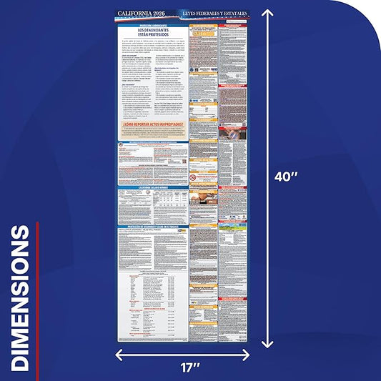 2026 California State and Federal Labor Law Poster - English Spanish Combo - OSHA Workplace Compliant - Mandatory Regulations Posting for Employees - All-In-One Required Compliance Posting 17" x 40" Laminated