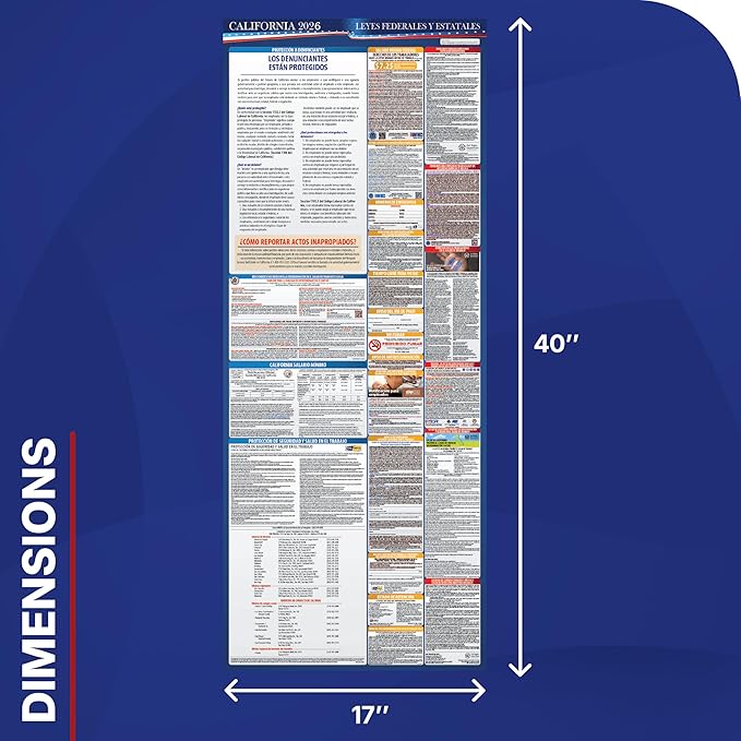 2026 California State and Federal Labor Law Poster - Spanish Version - OSHA Workplace Compliant - Mandatory Regulations Posting for Employees - All-In-One Required Compliance Posting 17" x 40" Laminated (Spanish)