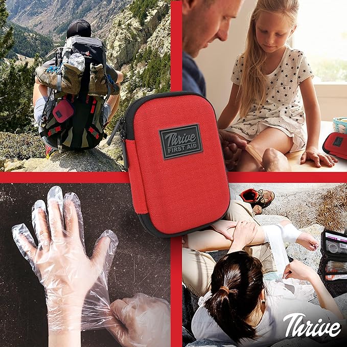 Thrive Mini First Aid Kit - Compact Travel Essentials for Camping & Cruise, Waterproof Survival Med Kit for Hiking, Portable Emergency Hiking Supplies Pouch, 66-Piece, Red Shell Case