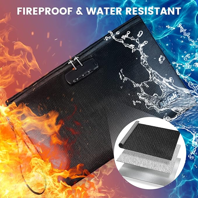 Airfish Fireproof Document Bags with Lock, 14.2 x 10 inches Zipper Closure Money Bag, Safe and Waterproof Storage Pouch for A4 A5 Document, Cash, Watch, Jewelry, Passport, Phone, Pad