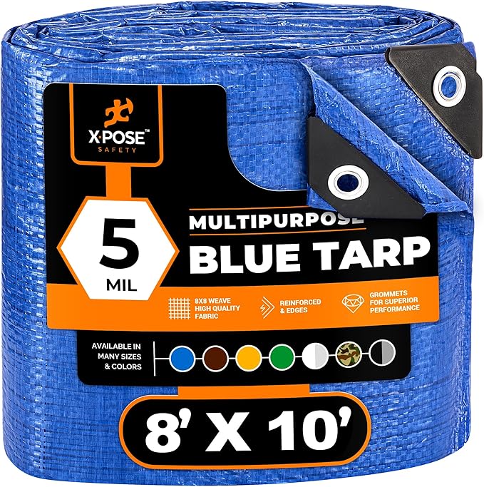 Better Blue Poly Tarp 8' x 10' - Multipurpose Protective Cover - Lightweight, Durable, Waterproof, Weather Proof - 5 Mil Thick Polyethylene - by Xpose Safety