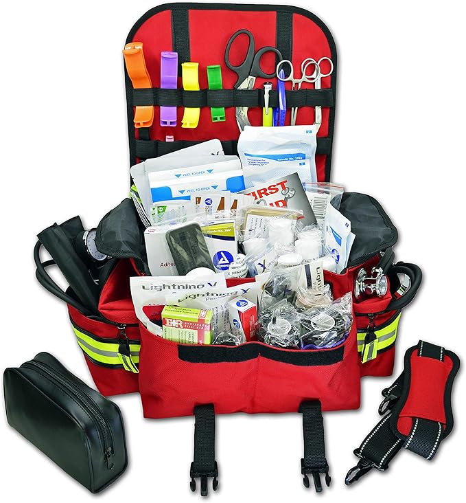 Lightning X Personalized First Responder EMT EMS Trauma Bag w/Stocked First Aid Fill Kit B & Custom Embroidered Name Patch (Red)