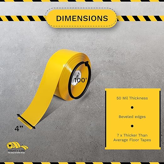 Mighty Line Solid Floor Marking Tape for Safety, Caution, Warning, Heavy-Duty, Peel and Stick Adhesive, Beveled Edge Design, Industrial Quality, 4 inch, 100' Roll, Yellow