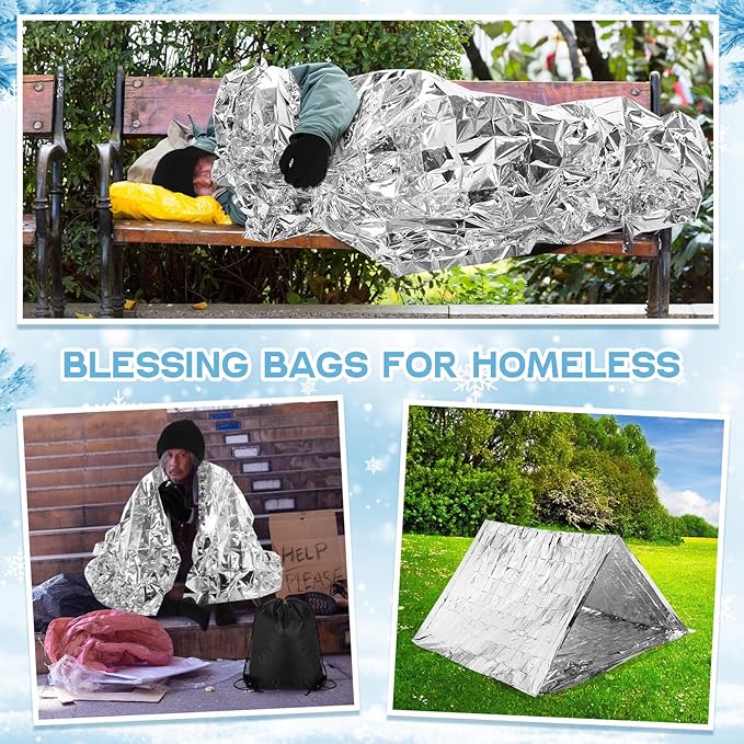 60 Pcs Homeless Care Package Supplies Winter Beanie Gloves Sock Drawstring Bags Emergency Blankets for Men Women